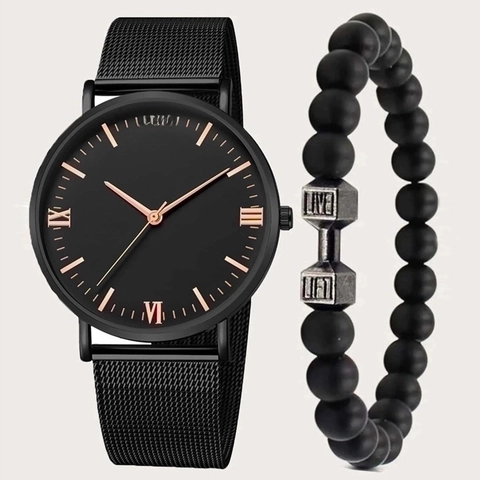 Men's Business Quartz Watch Set With Black Mesh Strap Roman Numerals Dial And Dumbbell Charm Bracelet Minimalist Jewelry