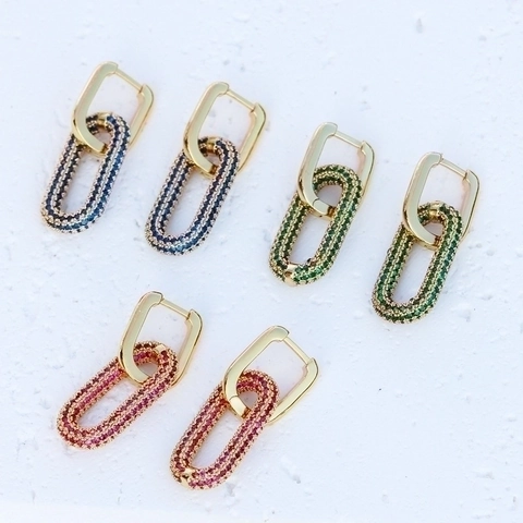 Geometric Oval Hoop Earrings Gold Plated Copper Colorful Zirconia Inlaid Fashionable Elegant Jewelry For Women