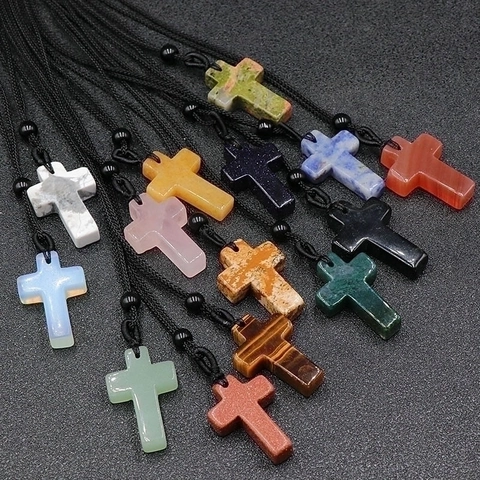 Kreuz Kette Natur Edelstein Kristall Agat Stein Anhänger Verstellbare Schwarze Gewebte Schnur Religiöses Geschenk Vintage