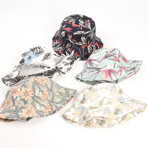 Women Bucket Hat Cotton Linen Floral Leaf Print Wide Brim Sun Protection Breathable Summer Outdoor Beach Casual Hat