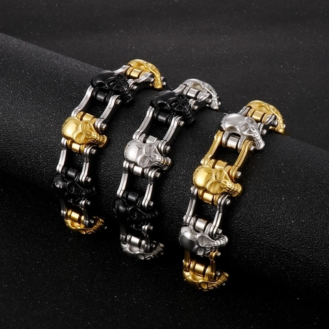 Bracciale Gotico Con Teschio In Acciaio Inossidabile 316L Da Uomo Catena Meccanica Biker Hip Hop Rock Punk Gioielli
