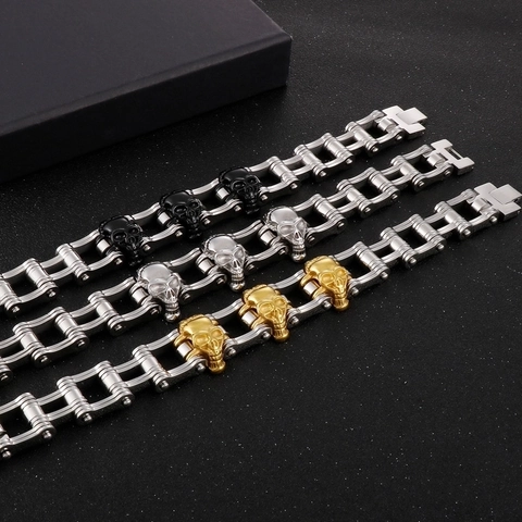 Pulsera De Hombre Acero Inoxidable 316L Calavera Cadena Moto Bicicleta Hip Hop Punk Rock Gótico Accesorio Joyería