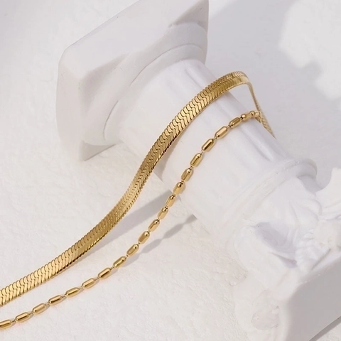 Double Layer Bracelet 18K Gold Plated Stainless Steel Snake Bone Herringbone Chain Bead Chain Minimalist Fashion Jewelry For Women