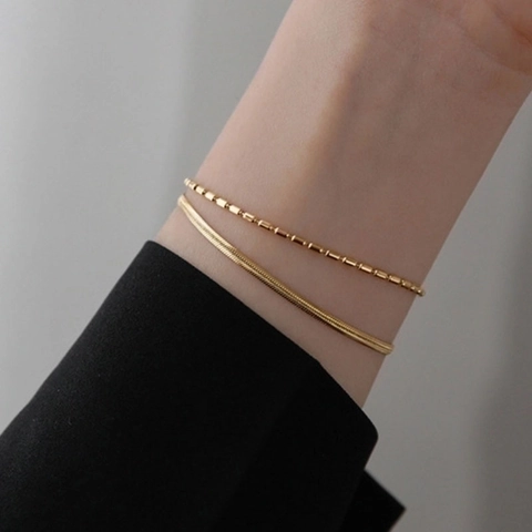 Double Layer Bracelet 18K Gold Plated Stainless Steel Snake Bone Herringbone Chain Bead Chain Minimalist Fashion Jewelry For Women