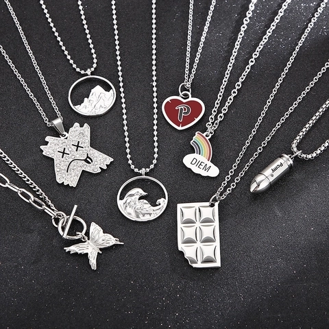 Hip Hop Stainless Steel Pendant Necklace Heart Butterfly Wave Mountain Chocolate Bullet Jewelry For Men Women