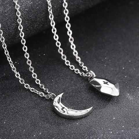 Crescent Moon Pendant Necklace Stainless Steel Irregular Texture Geometric Star Long Chain Jewelry For Men Women