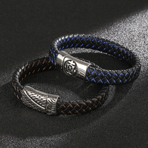Pulsera De Cuero Trenzado Para Hombre Con Cierre Magnético De Acero Inoxidable Punk Retro Pluma Ancla Calavera Joyería Náutica