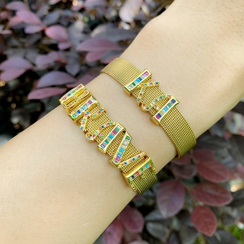 Pulsera De Malla Estilo Correa De Reloj Cobre Chapado En Oro Circonita Arcoíris Letra Alfabeto Ajustable Joyería Moda Mujer