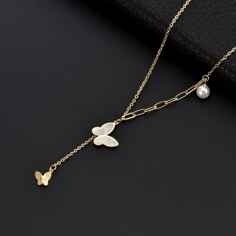 Collar Mariposa Oro Acero Inoxidable Madreperla Concha Elegante Cadena Asimétrica Colgante Para Mujeres