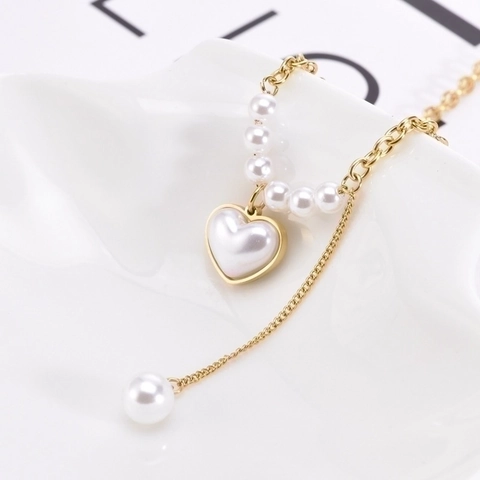Heart Artificial Pearl Pendant Necklace Titanium Steel Y-Shape Tassel Gold Plated Minimalist Elegant Jewelry For Women