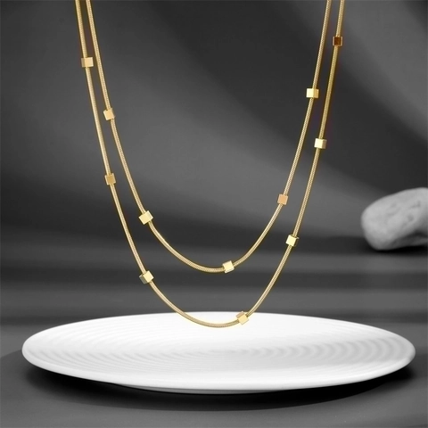 Collier Multirang Acier Inoxydable Plaqué Or Chaîne Serpent Pendentifs Cubes Minimalistes Bijoux Femmes