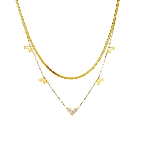 Double Layer Necklace Titanium Steel Gold Plated Mother Of Artificial Pearl Shell Heart Pendant Herringbone Snake Chain For Women