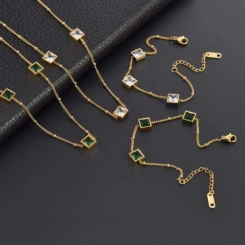 Retro Titanium Steel Necklace Bracelet Square Cubic Zirconia Emerald White Elegant Jewelry For Women
