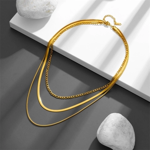 Gelaagde Ketting Titanium Staal 18K Verguld Multi Layer Figaro Slangenketting Sieraden Vrouwen