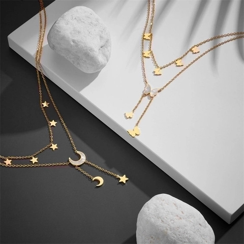 Double Layer Necklace Titanium Steel Star Moon Butterfly Mother Of Artificial Pearl Shell Tassel Pendant Elegant Jewelry For Women