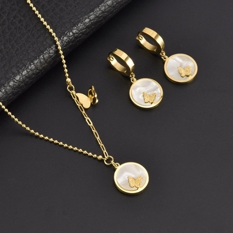 Mode Titaniumstaal Vlinder Rond Wit Parelmoer Hanger Ketting Oorbellen Sieradenset Goud Roségoud Voor Dames