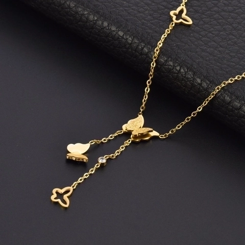 Collana A Y Con Pendente A Farfalla Nappa In Acciaio Inossidabile Strass Svuotato Opaco Gioielli Di Moda Eleganti Per Donna