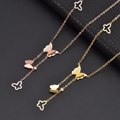 Collana A Y Con Pendente A Farfalla Nappa In Acciaio Inossidabile Strass Svuotato Opaco Gioielli Di Moda Eleganti Per Donna