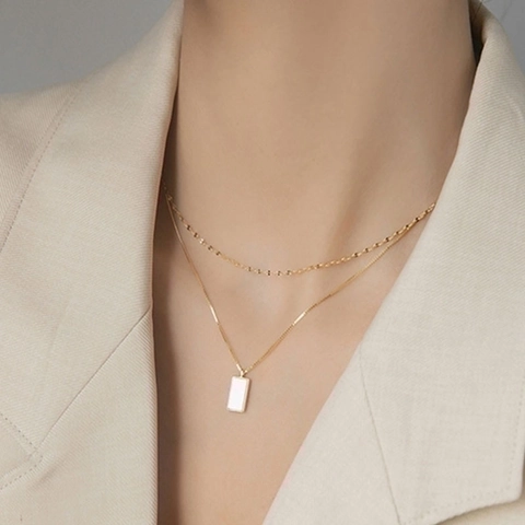 Double Layer Necklace Stainless Steel 18K Gold Plated White Mother Of Artificial Pearl Rectangle Pendant Geometric Chain Jewelry