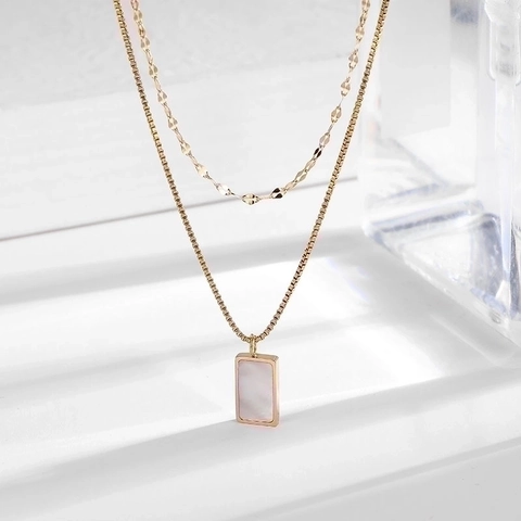 Double Layer Necklace Stainless Steel 18K Gold Plated White Mother Of Artificial Pearl Rectangle Pendant Geometric Chain Jewelry