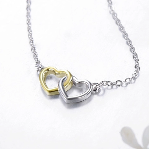 Ineinandergreifende Doppelherz Halskette 925 Sterlingsilber 18K Vergoldet Zweifarbig Hohl Anhänger Eleganter Schmuck Damen