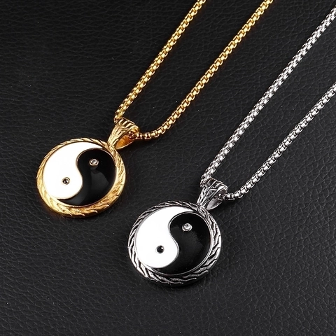 Collar con Colgante Tai Chi Yin Yang de Acero de Titanio Vintage para Hombre Collar de Acero Inoxidable con Strass