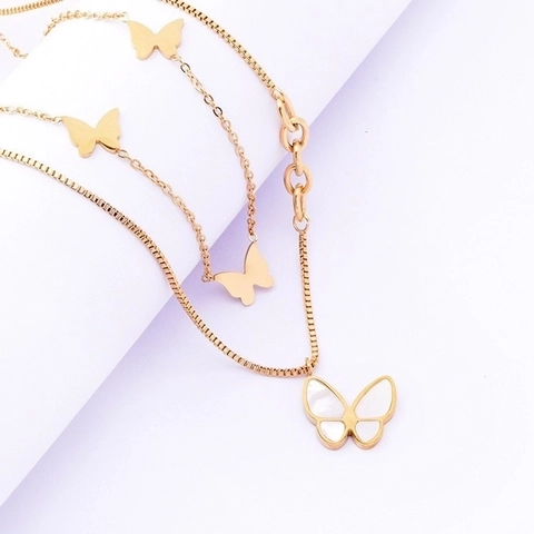 Butterfly Jewelry Titanium Steel White Shell Double Layer Gold Plated Elegant Minimalist Necklace Bracelet