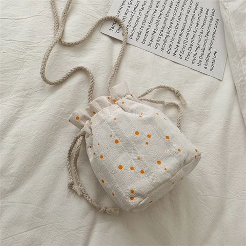 Canvas Bucket Bag Drawstring Shoulder Crossbody 3D Cherry Daisy Floral Print Retro Woven Strap