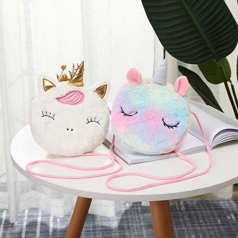 Kids Plush Unicorn Crossbody Bag Cartoon Animal Shape Round Shoulder Purse For Girls Toddler Birthday Gift