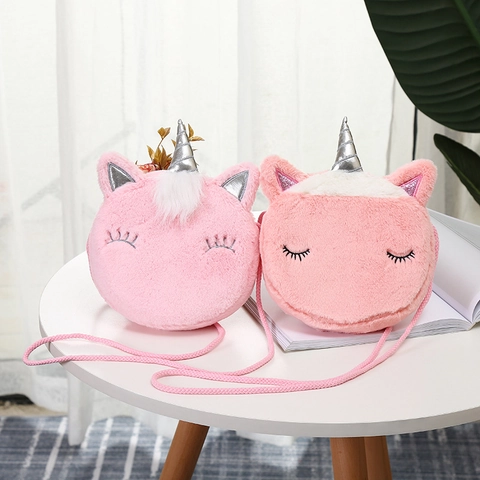 Kids Plush Unicorn Crossbody Bag Cartoon Animal Shape Round Shoulder Purse For Girls Toddler Birthday Gift