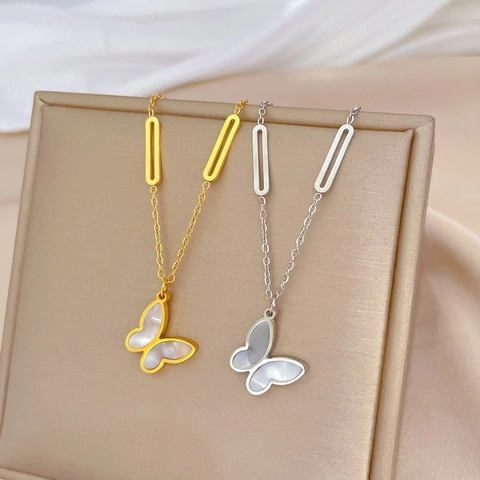 Butterfly Pendant Necklace Titanium Steel Mother Of Artificial Pearl Shell Inlay Minimalist Elegant Gold Plated Jewelry For Women