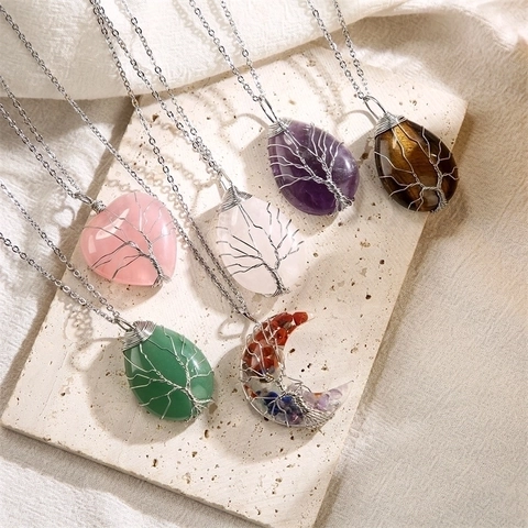 Handmade Tree Of Life Wire Wrapped Natural Crystal Water Drop Heart Moon Pendant Necklace Copper Wire Gemstone Jewelry
