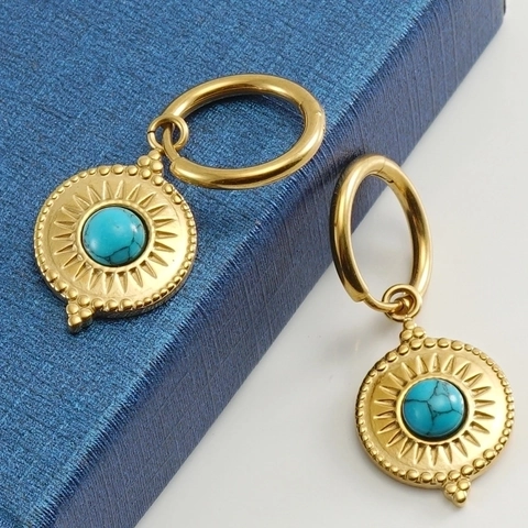 Pendientes De Aro De Acero Inoxidable Con Turquesa Azul Y Patrón De Rayos De Sol Joyería Bohemia Retro Dorada Para Mujer