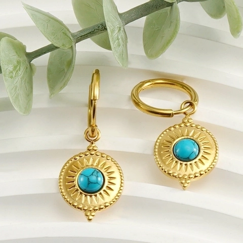 Pendientes De Aro De Acero Inoxidable Con Turquesa Azul Y Patrón De Rayos De Sol Joyería Bohemia Retro Dorada Para Mujer