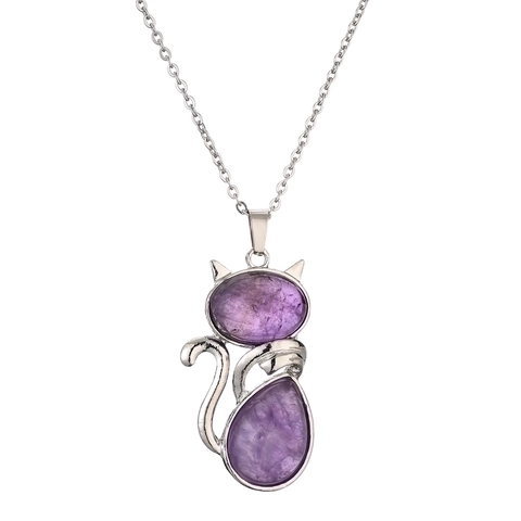 Collana Con Ciondolo Gatto Carino Con Pietre Naturali Ametista Quarzo Rosa Gioielli Animali Vintage Per Donne Ragazze
