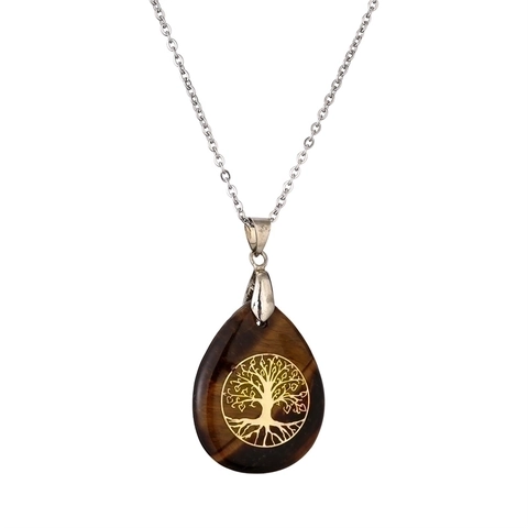 Tree Of Life Water Drop Pendant Necklace Natural Stone Healing Crystal Gemstone Stainless Steel Chain Vintage Jewelry