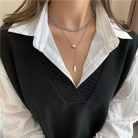 Collana Doppio Strato Acciaio Al Titanio Impilabile Minimalista Geometrico Fagiolo E Pendente Rettangolo Per Donne