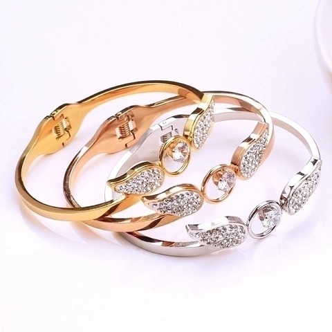 Engel Vleugel Manchet Armband Roestvrij Staal Zirkoon Strass Open Sieraden Cadeau Voor Vrouwen
