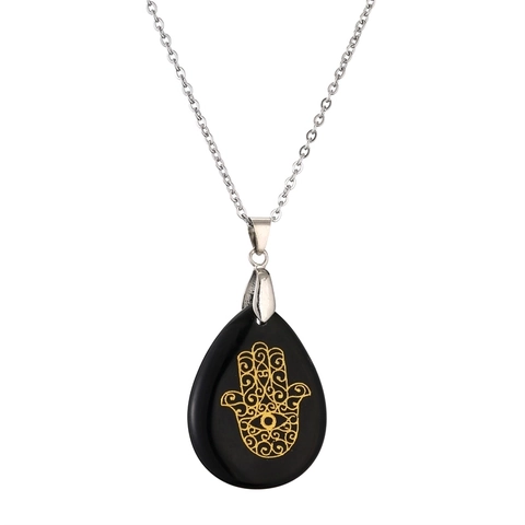 Hamsa Hand Anhänger Halskette Naturstein Edelstein Edelstahlkette Wassertropfen Form Fatima Böser Blick Vintage Schmuck