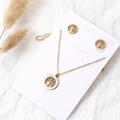 Tree Of Life Jewelry Necklace And Stud Earrings Stainless Steel Gold Enamel Circle Pendant Women