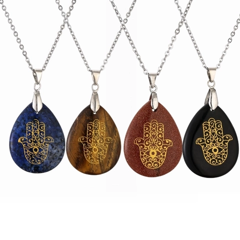 Hamsa Hand Anhänger Halskette Naturstein Edelstein Edelstahlkette Wassertropfen Form Fatima Böser Blick Vintage Schmuck