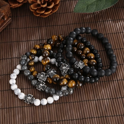 Bracciale Di Perline Pietra Naturale Occhio Di Tigre Agata Con Ciondolo Croce Teschio In Acciaio Inossidabile Gioielli Vintage Punk Gothic Per Uomo