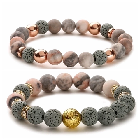 Pink Zebra Jasper Lava Rock Natural Stone Beaded Bracelet Yoga Energy Healing Alloy Rhinestone Jewelry For Men Women