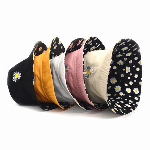Bucket Hat Mit Gänseblümchen-Stickerei Baumwoll-Canvas Wendbar Sonnenschutz Atmungsaktiv Fischerhut Damen