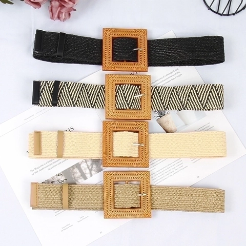 Women Woven PP Straw Belt With Round Square Wood Look Buckle Bohemian Elastic Waist Belt For Dress Beach Decorative Belt
