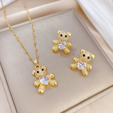 Teddy Bear Necklace And Earrings With Titanium Steel Chain Zircon Copper Heart Shape Pendant Silver Earring Post