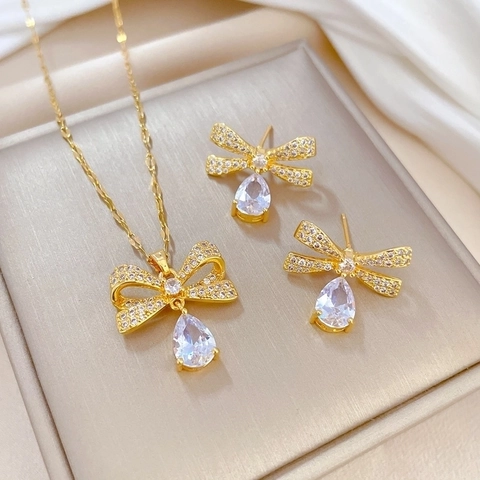Bowknot Water Drop Necklace And Earrings With Silver Earring Post Stainless Steel Chain Copper Zirconia Women Jewelry