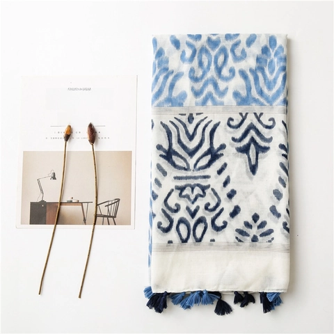 Long Scarf Shawl Wrap Ethnic Abstract Print Tassels Lightweight Sun Protection Beach Sarong Bohemian Accessory For Women