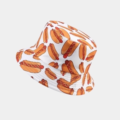 Chapeau Bob Réversible Polyester Dessin Animé Motif Hot Dog Burger Bord Large Chapeau De Soleil Pour Voyage Été Extérieur