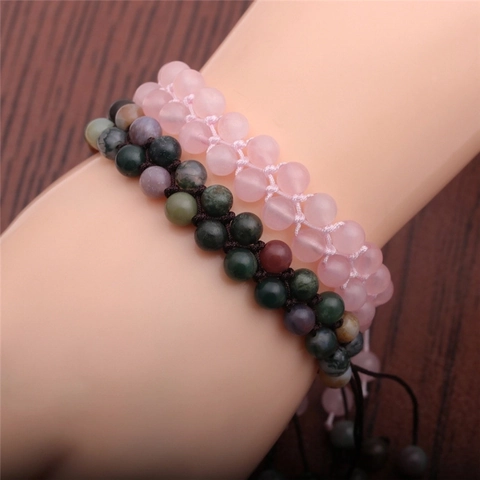 Double Layer Natural India Agate Rose Quartz Beaded Bracelet Handmade Adjustable Woven Cord Bohemian Yoga Jewelry For Women